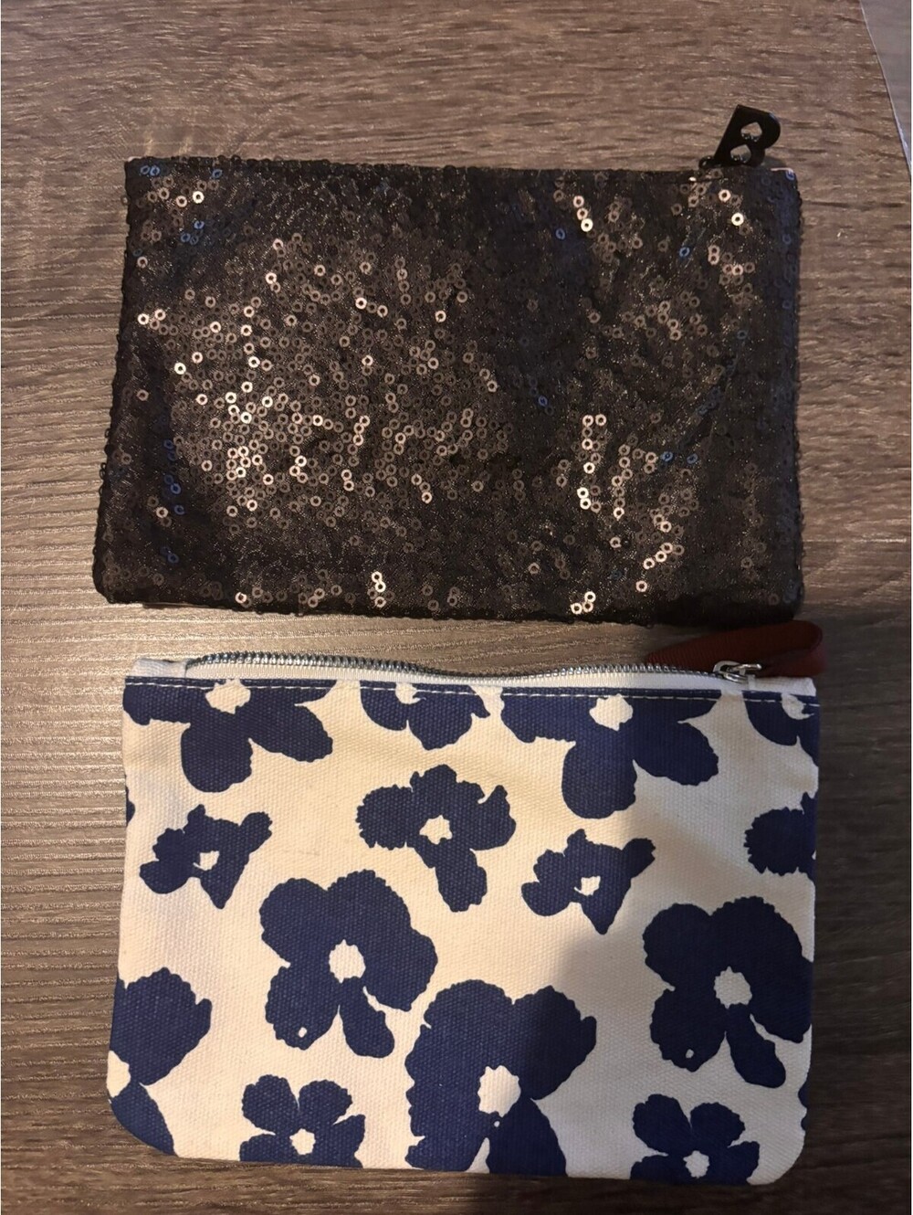 Black sequin and white floral zip pouches set Ipsy